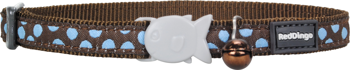 Brown cat safety collar with blue polka dots, bow-shaped buckle and bell