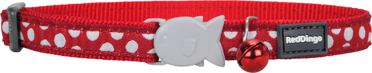 Red cat safety collar with white polka dots, white cat-shaped tag, and bell