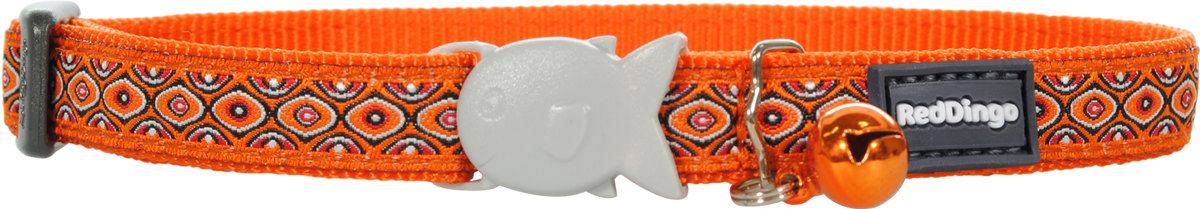 Orange cat safety collar with patterned fabric, gray cat emblem, orange buckle, Red Dingo