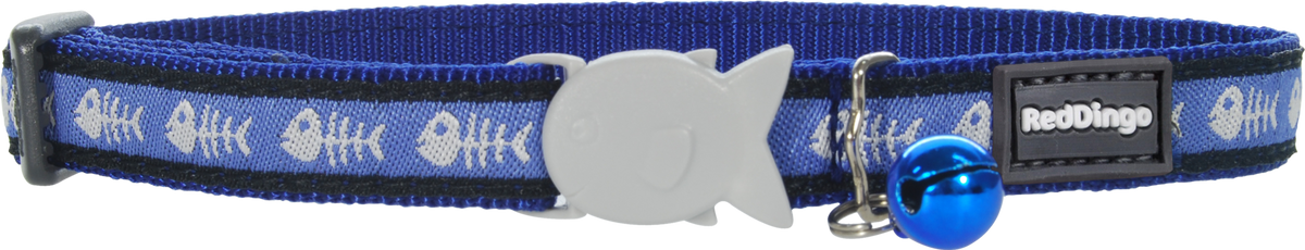 Dark blue cat safety collar with white fish-bone pattern, blue bell, gray clasp.