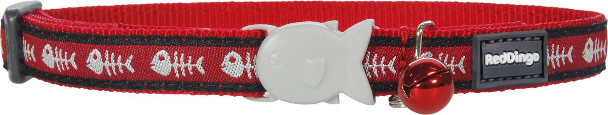 Red cat safety collar with white fish-bone pattern, gray clasp and red buckle
