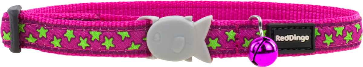 Cat safety collar in hot pink with lime green star pattern, gray clasp and purple bell