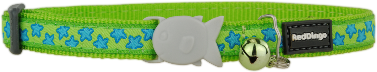 Lime green cat safety collar with turquoise star pattern and metal bell, Red Dingo logo