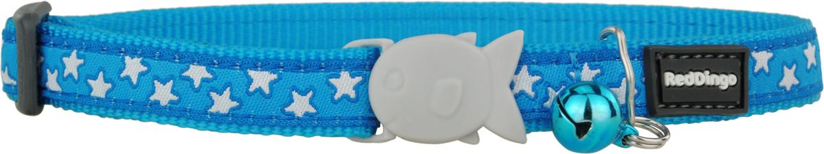 Blue cat safety collar with star pattern, buckle and Red Dingo logo charm