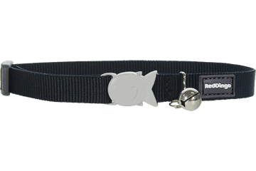 Red Dingo black cat safety collar with gray cat charm and small bell