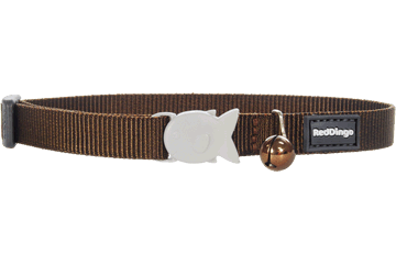 Red Dingo designer cat safety collar in brown fabric with white cat tag and bell