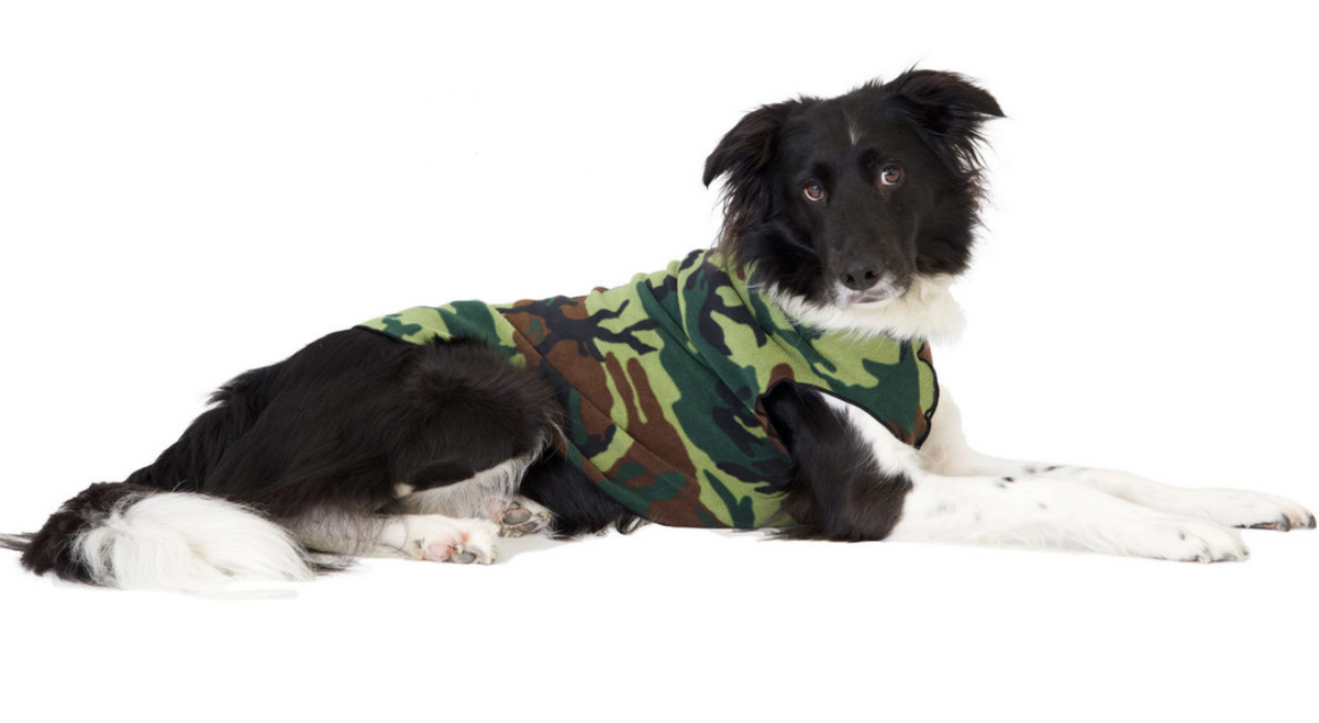 Camouflage stretch fleece dog coat in green and brown pattern with front coverage