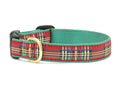 Plaid fabric dog collar with gold D-ring and green patterned edge