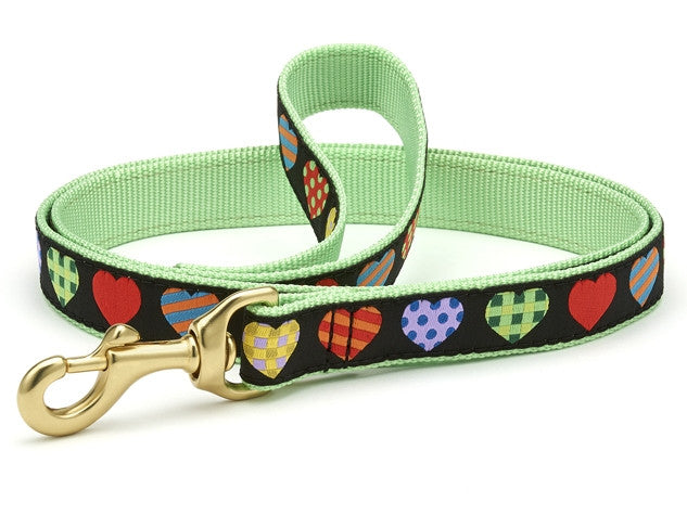 Colorful hearts dog leash with gold clasp and green handle strap