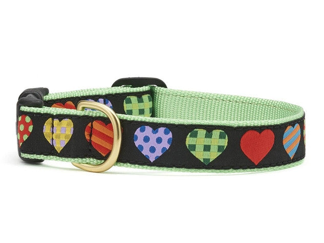 Black dog collar with colorful hearts and brass buckle