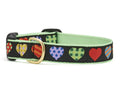 Colorful hearts cat collar, black fabric with multicolor heart pattern and metal buckle