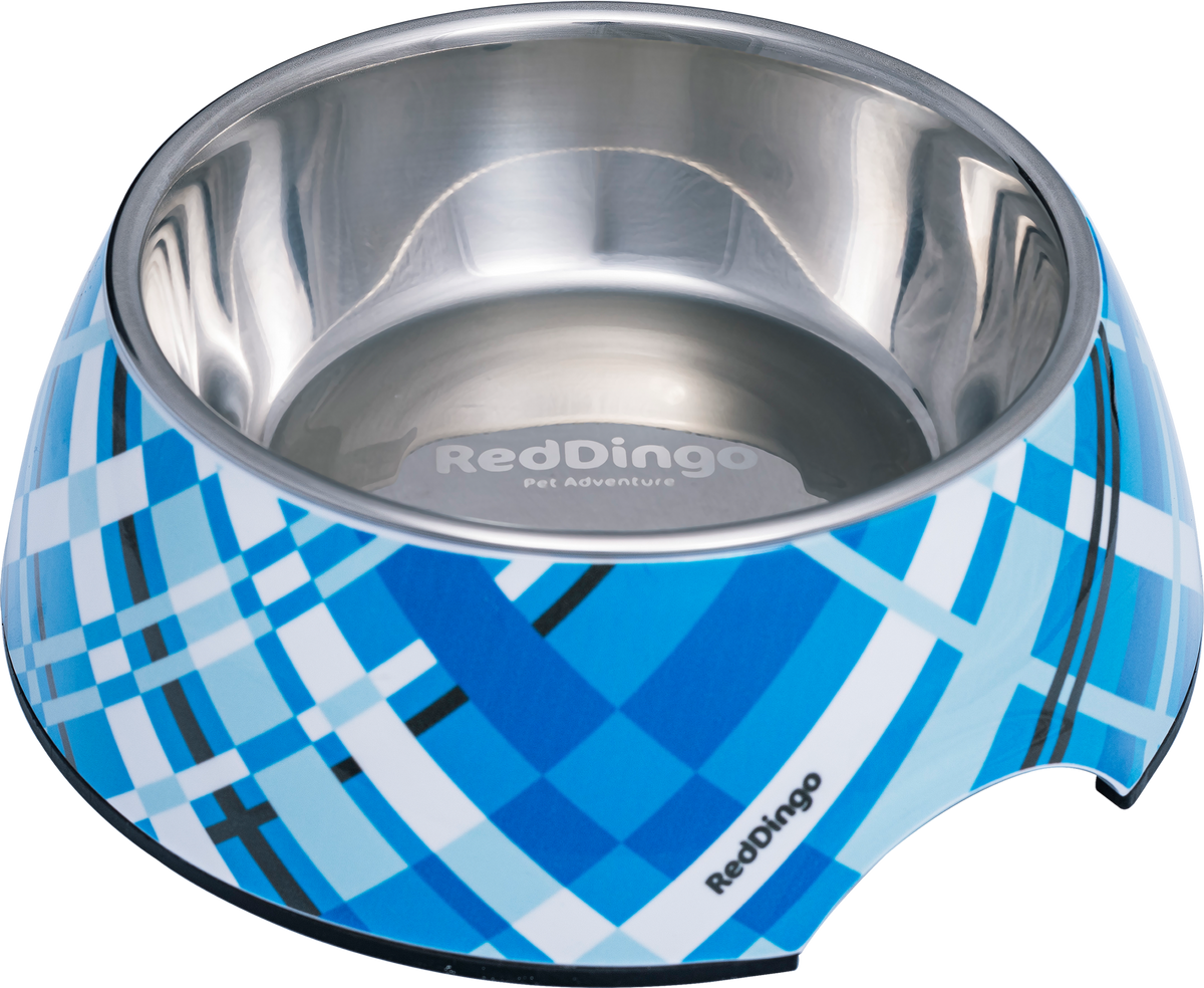 Red Dingo 2-in-1 dog bowl with turquoise blue diamond check fabric and stainless steel insert