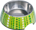 Red Dingo stainless dog bowl with lime green dotted design