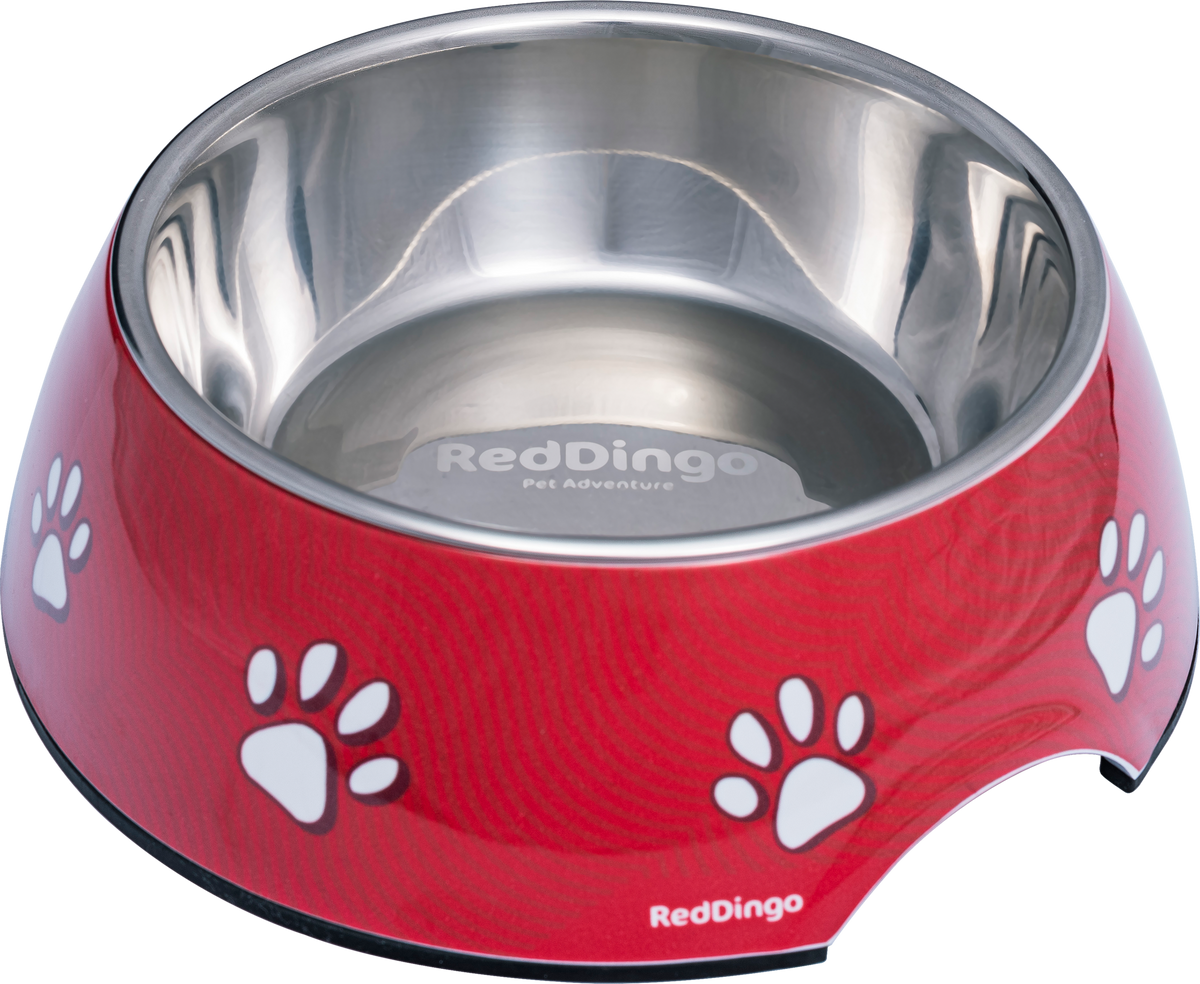 Red Dingo 2-in-1 red dog bowl with stainless insert and paw-print accents