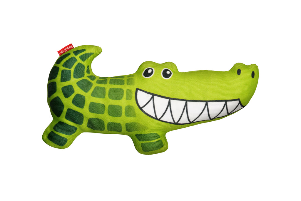 Green crocodile plush dog toy with stitched eyes and open-jaw teeth