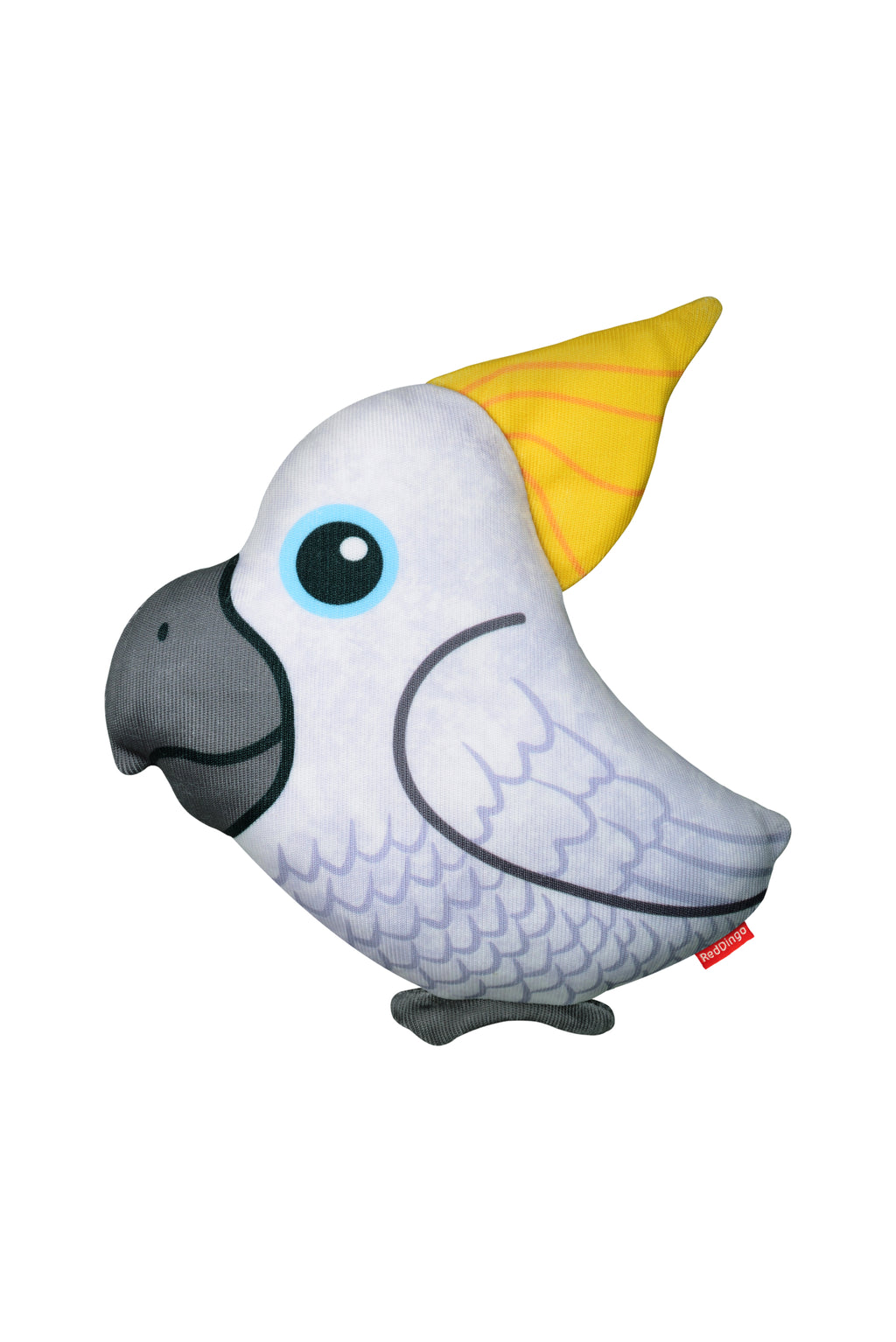 Gray plush cockatoo dog toy with yellow crest and beak, large blue eye