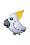 Gray plush cockatoo dog toy with yellow crest and beak, large blue eye