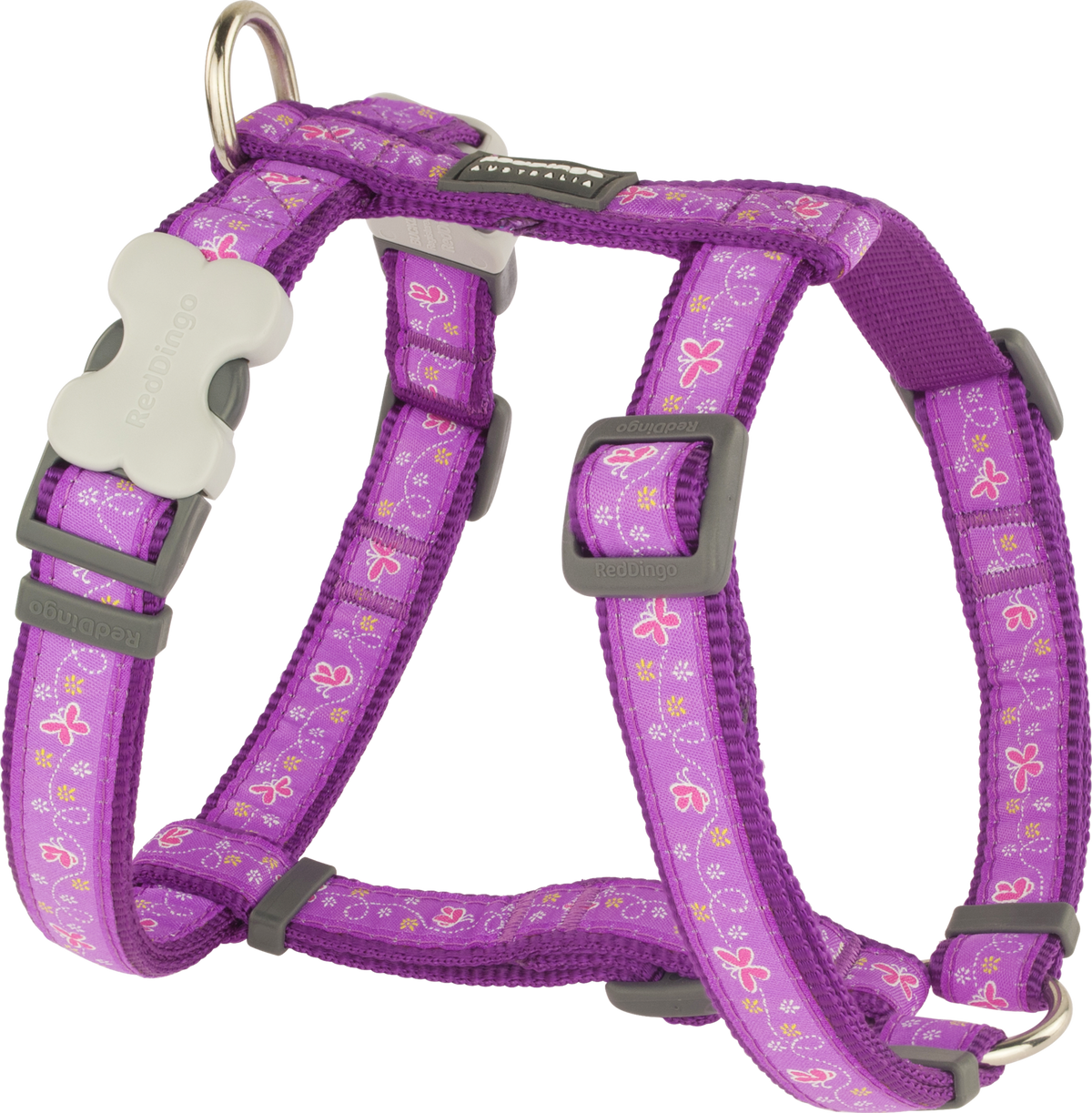 Red Dingo purple butterfly dog harness with adjustable straps and buckles