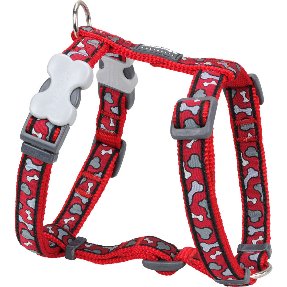 Red Dingo designer dog harness in red with bone pattern, adjustable straps and D-ring