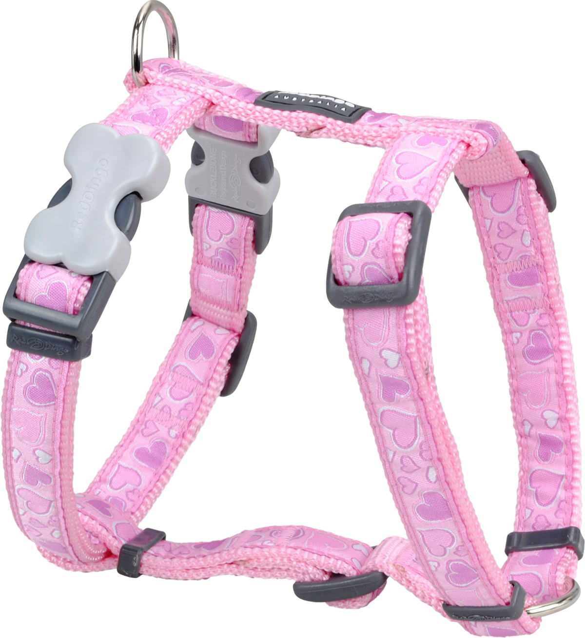 Pink patterned dog harness with gray buckles and adjustable straps