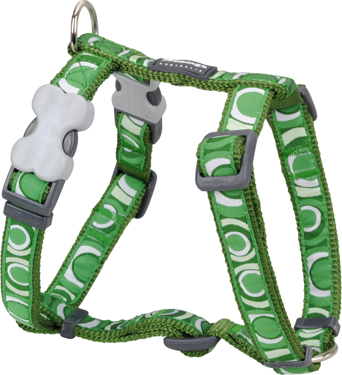 Red Dingo designer dog harness in green with circadelic pattern, D-ring and adjustable straps