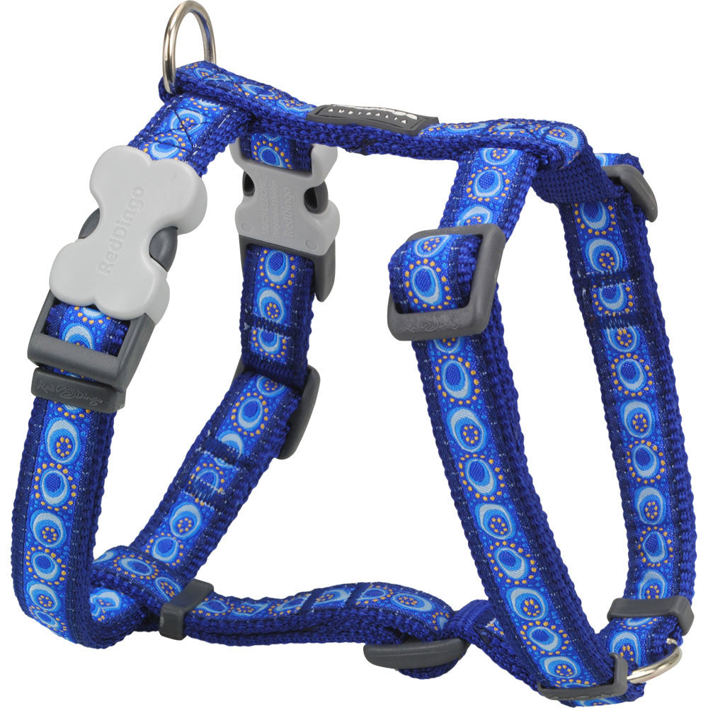 Dark blue patterned dog harness with gray buckles and adjustable straps