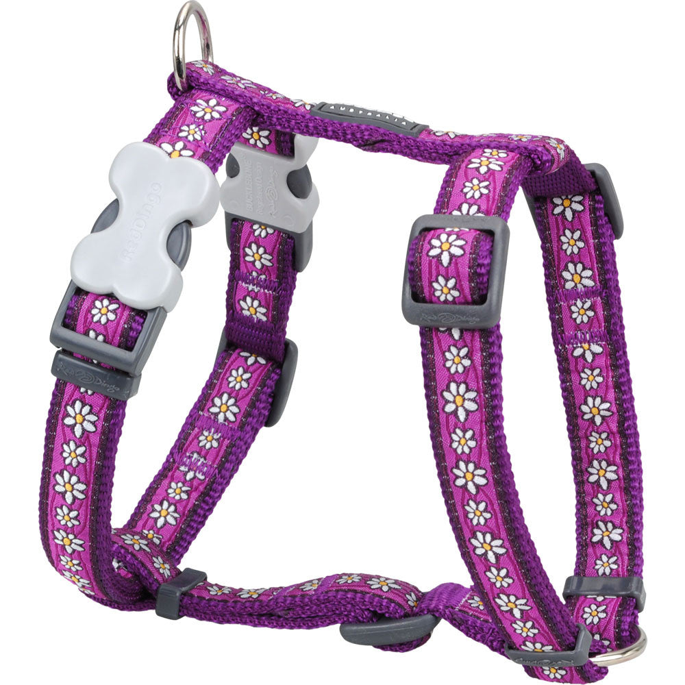 Purple daisy-pattern dog harness with front chest strap and metal buckles