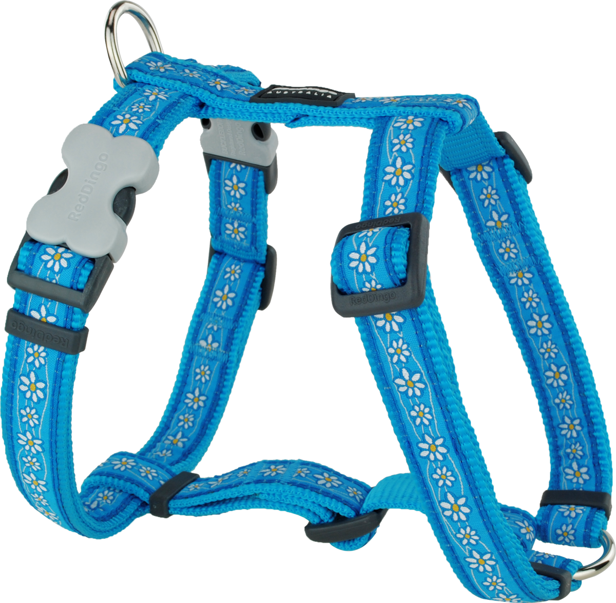 Turquoise fabric dog harness with daisy pattern, adjustable straps and buckles