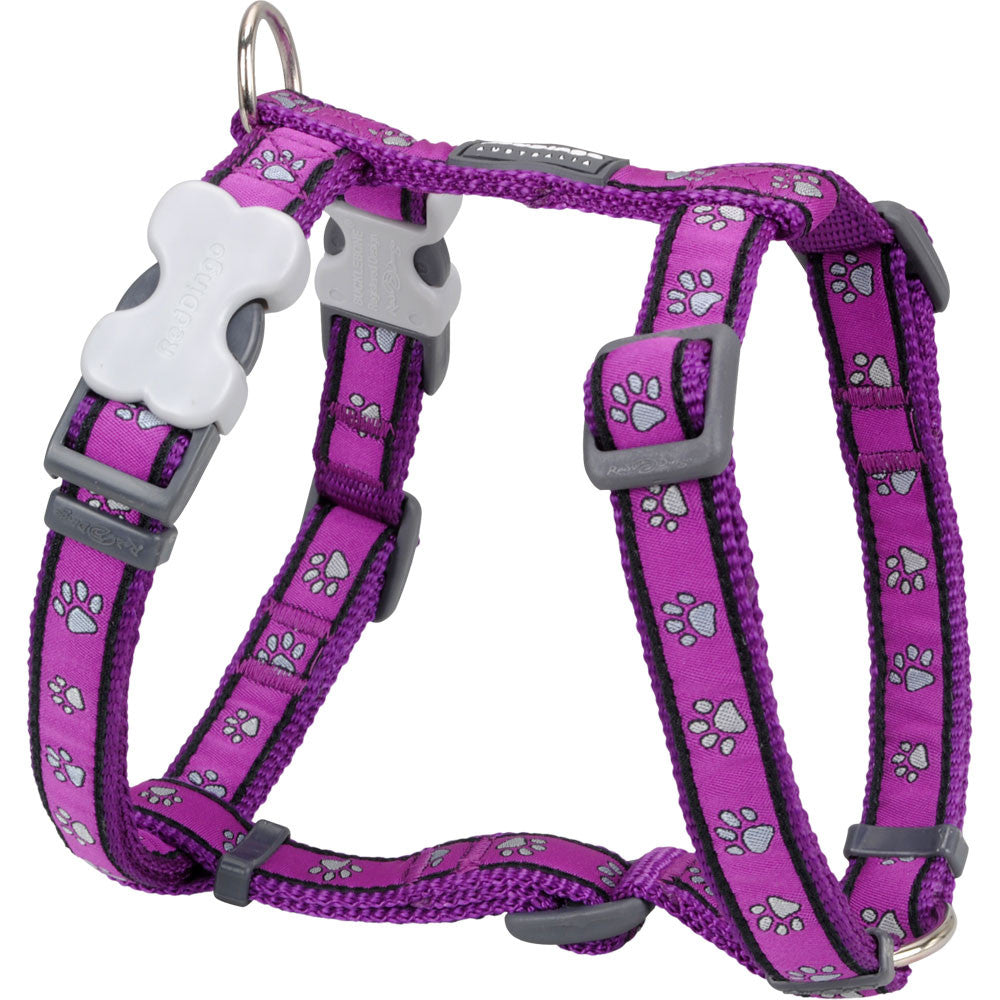 Red Dingo purple dog harness with pawprint pattern, adjustable straps and gray buckles