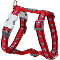 Red dog harness with pawprint pattern, padded straps and gray buckle hardware
