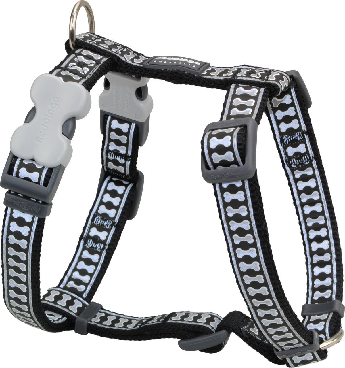 Red Dingo reflective bone-pattern dog harness with black straps and buckle closures