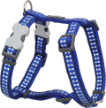 Dark blue dog harness with reflective bone pattern and padded straps