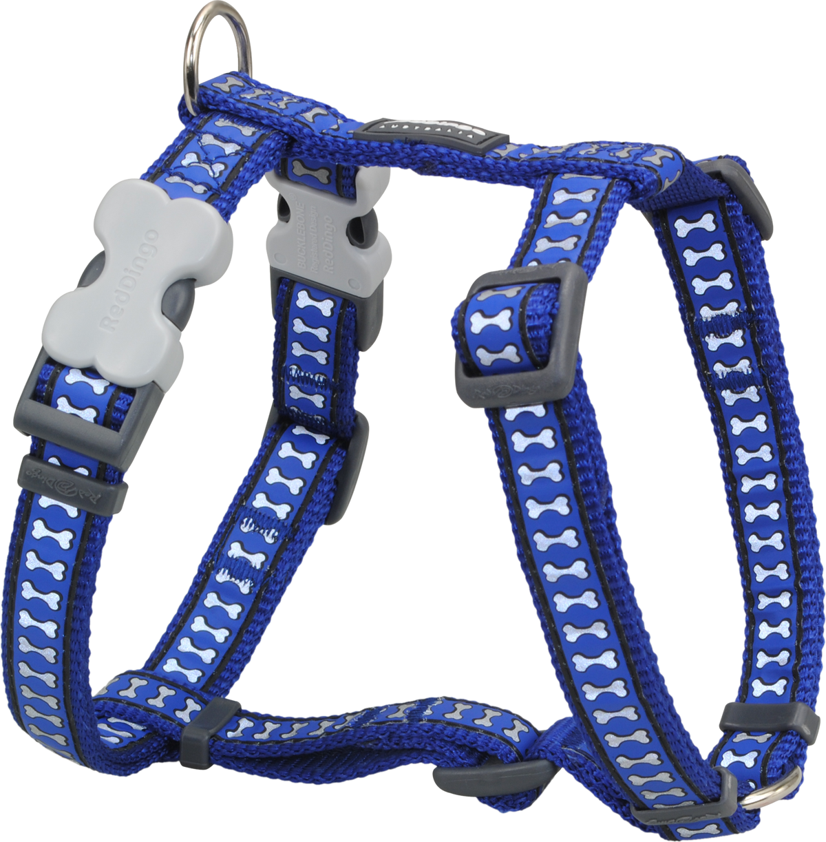 Dark blue dog harness with reflective bone pattern and padded straps