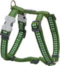 Green dog harness with reflective bone pattern, padded chest strap and adjustable buckles.