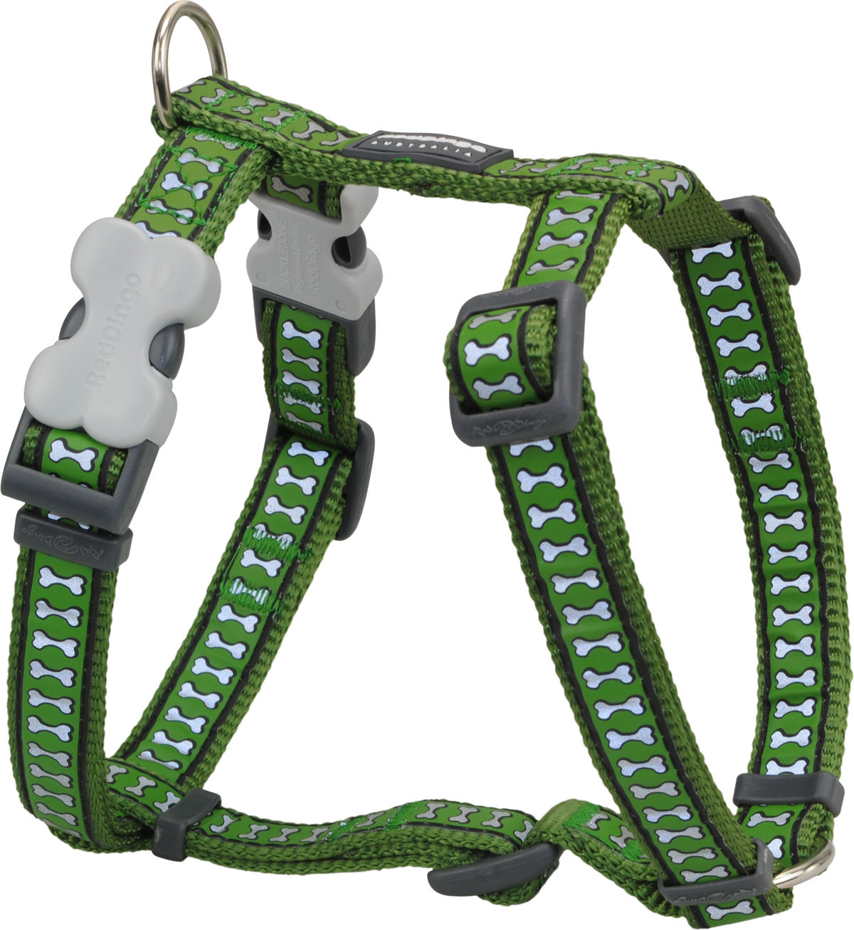 Green dog harness with reflective bone pattern, padded chest strap and adjustable buckles.