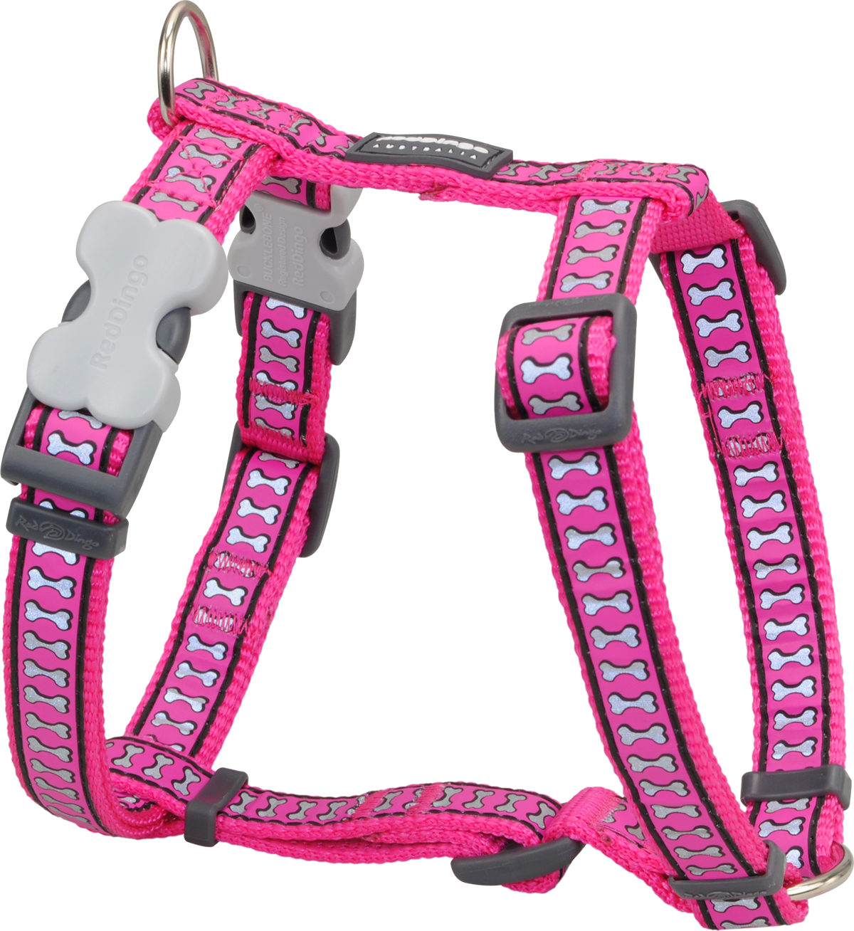 Red Dingo reflective bones dog harness, hot pink with adjustable buckles and straps