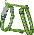 Lime green dog harness with reflective bone pattern, front chest strap and back loop