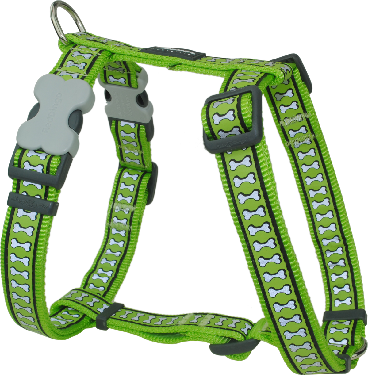 Lime green dog harness with reflective bone pattern, front chest strap and back loop