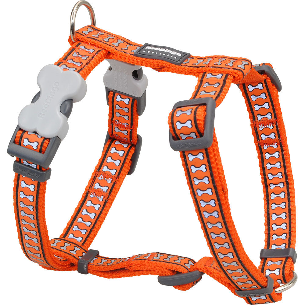 Orange dog harness with reflective bone pattern and padded straps, gray buckles