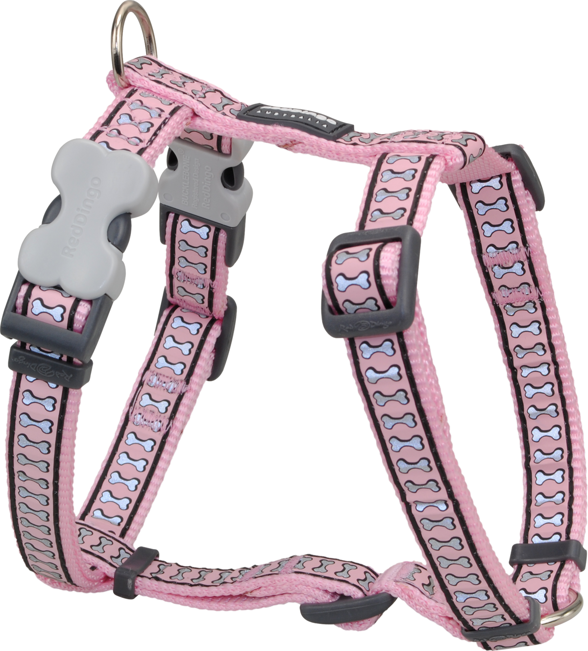Pink reflective bones dog harness with padded straps and adjustable buckles