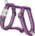 Purple dog harness with reflective white bone pattern, adjustable straps and front buckle