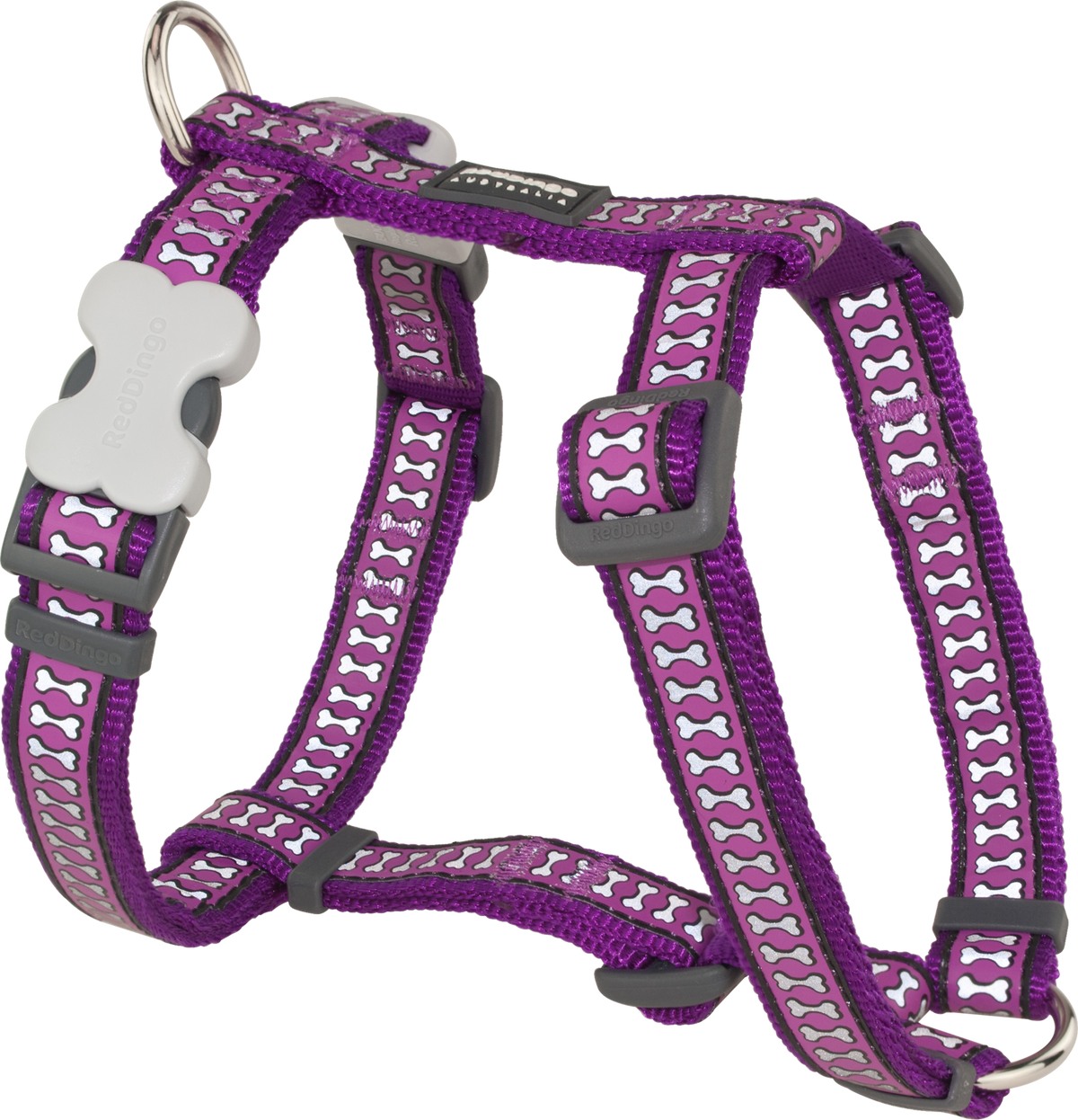 Purple dog harness with reflective white bone pattern, adjustable straps and front buckle