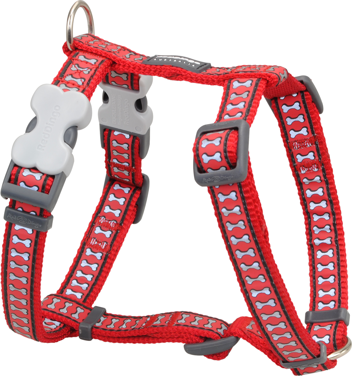 Red Dingo red dog harness with reflective bone pattern and gray buckles
