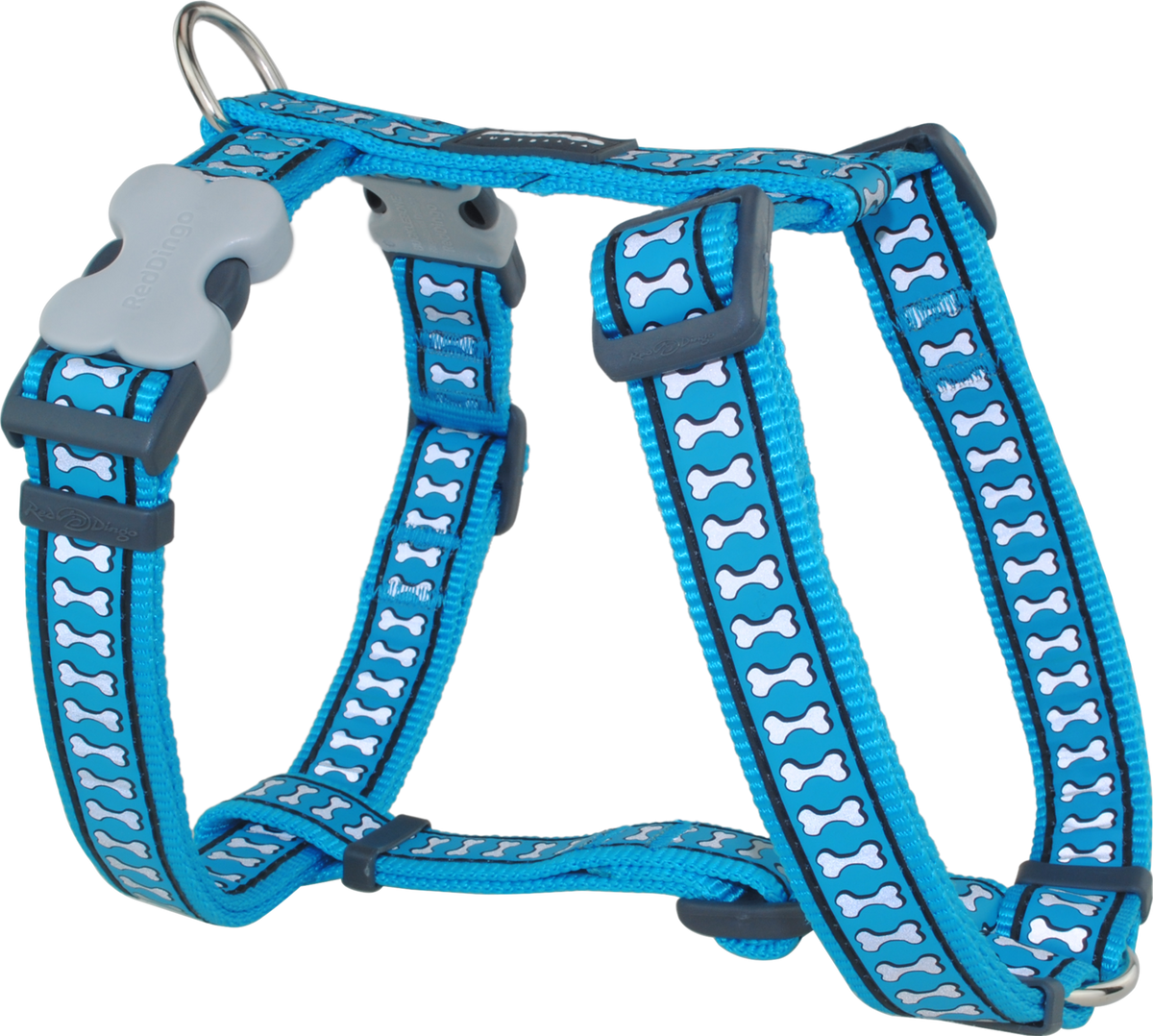 Turquoise dog harness with reflective bone pattern and gray back handle loop