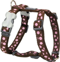 Red Dingo designer dog harness with pink polka dots on brown webbing and adjustable buckles