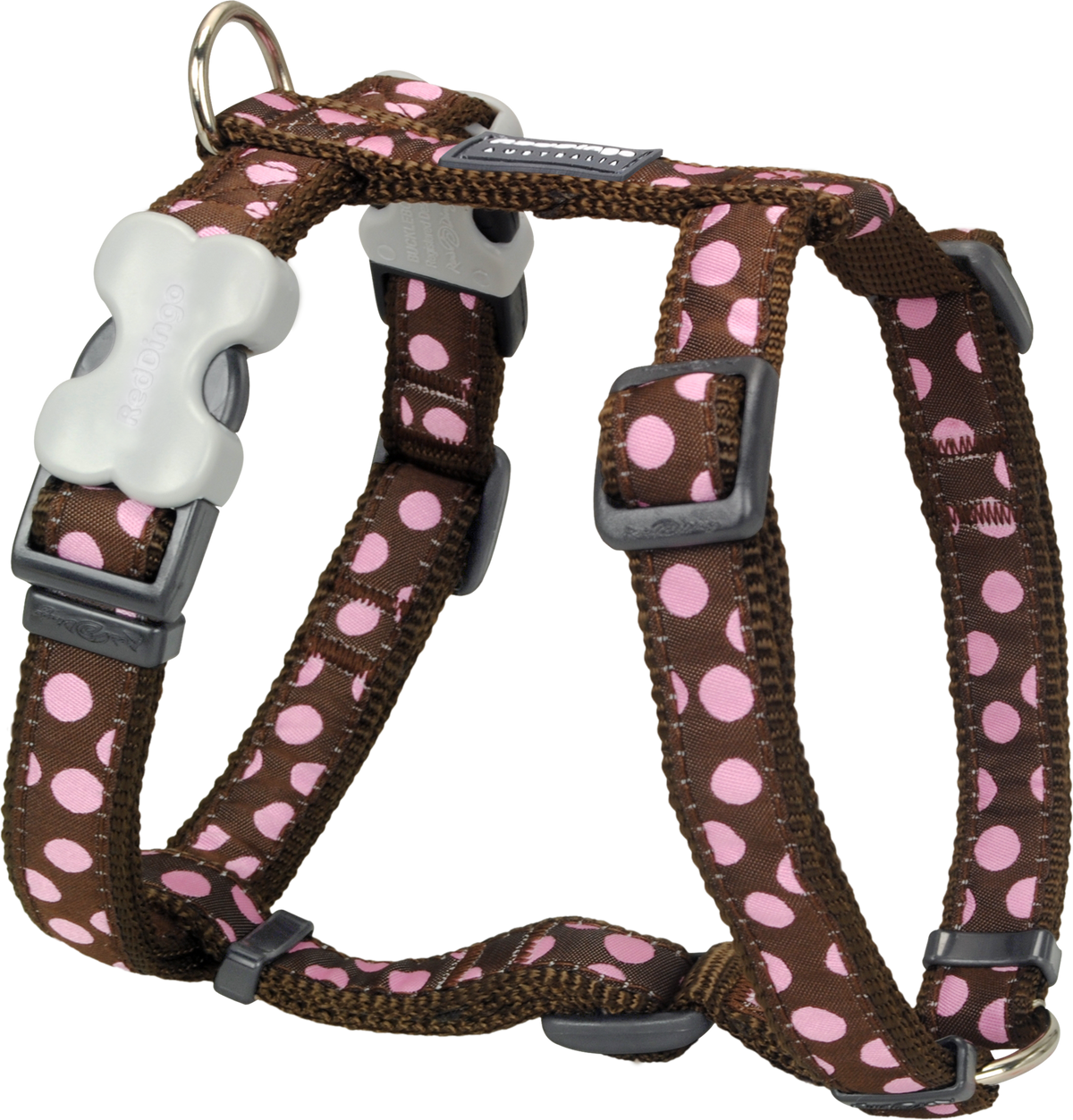 Red Dingo designer dog harness with pink polka dots on brown webbing and adjustable buckles