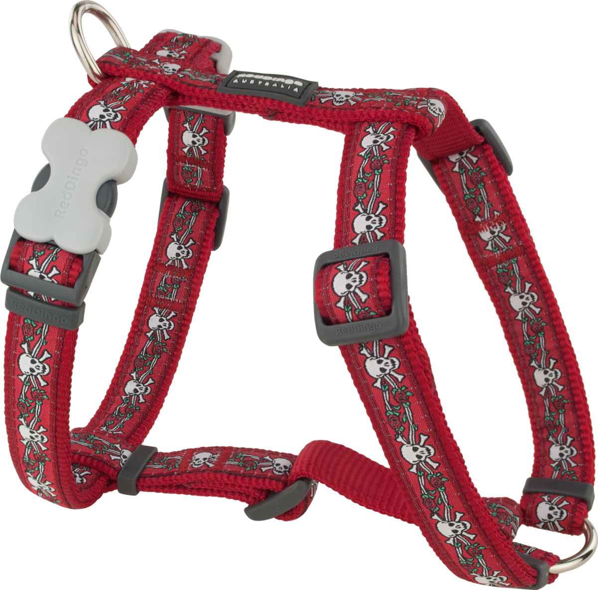 Red dog harness with skull-and-roses pattern, adjustable straps and leash ring
