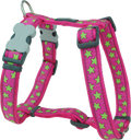 Pink dog harness with lime green star pattern, padded straps and buckles