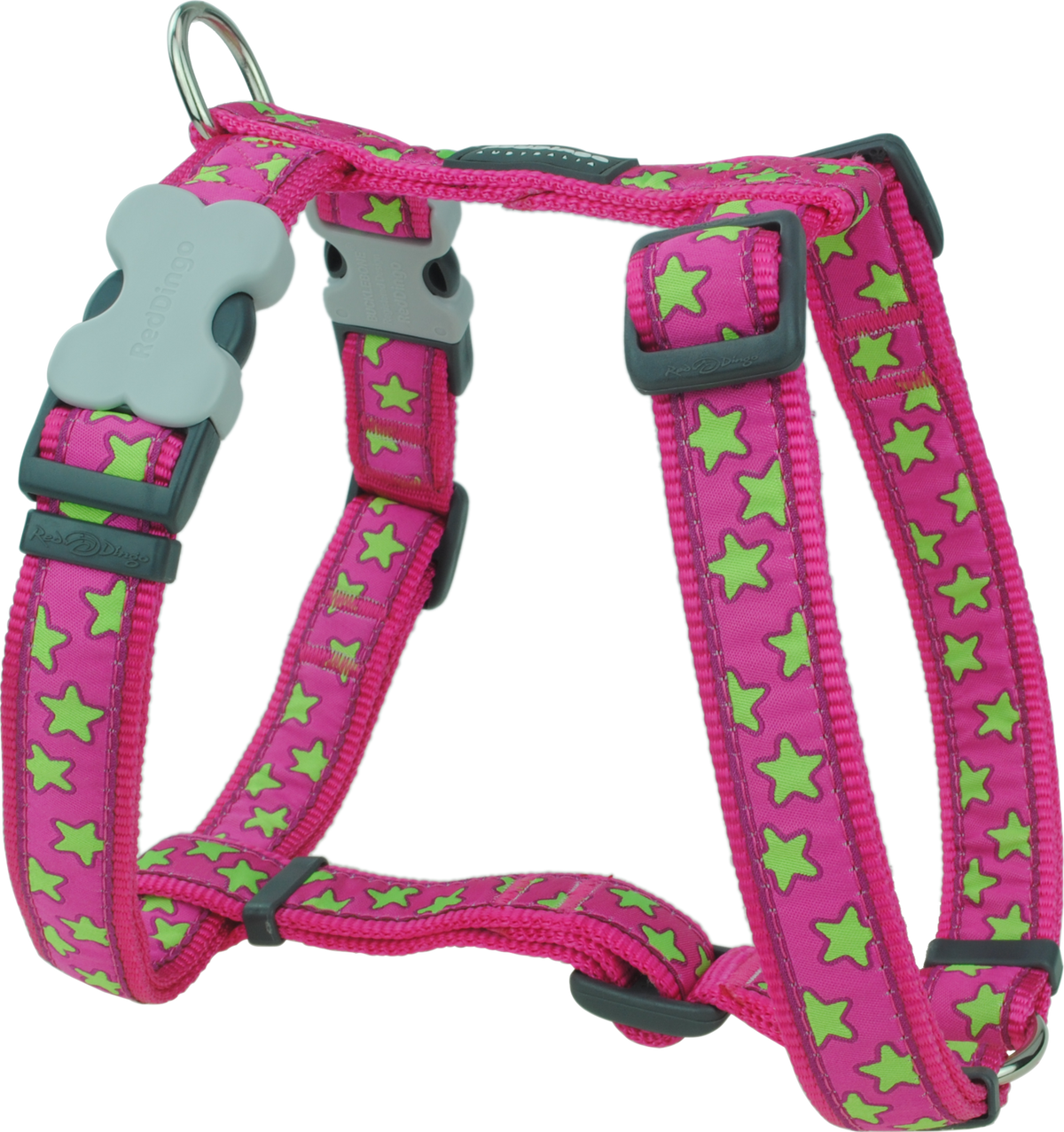 Pink dog harness with lime green star pattern, padded straps and buckles