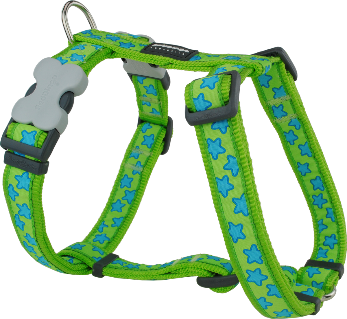 Red Dingo designer dog harness with turquoise star pattern on lime green, adjustable straps
